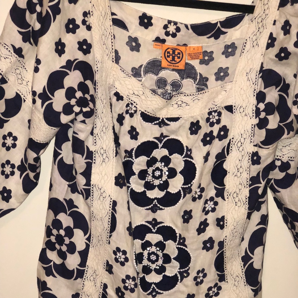 Blue and white linen tunic.